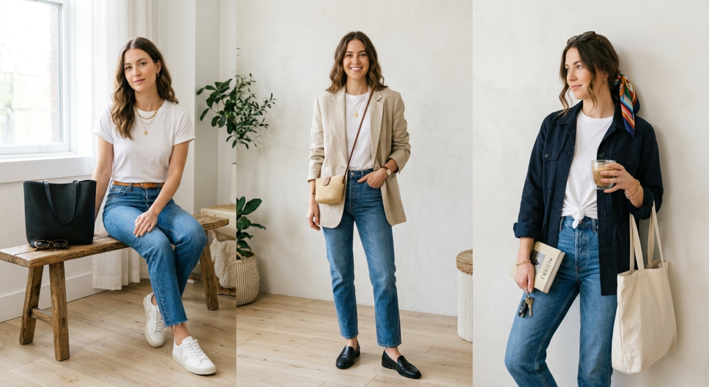 Hvordan du styler basic t-shirt og jeans 10 forskellige veje