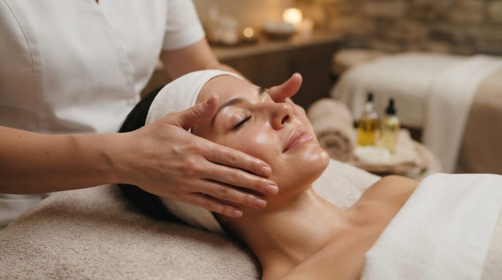 Close-up of womans face receiving facial massage or pressur