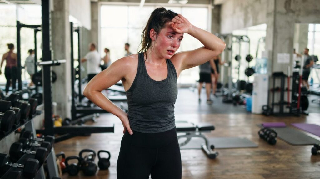 Woman in stylish activewear at gym, flushed face from intens
