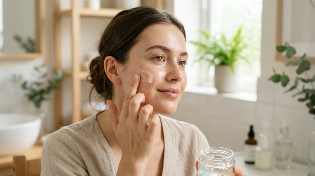 Close-up beauty portrait of a woman with glowing, hydrated s
