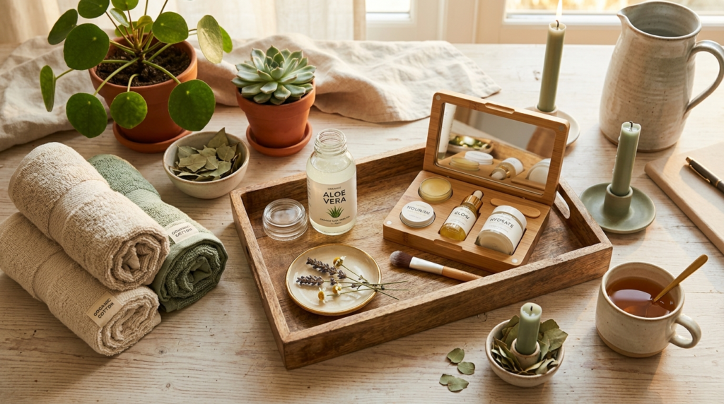 Lifestyle overhead shot of a womans wellness routine worksp
