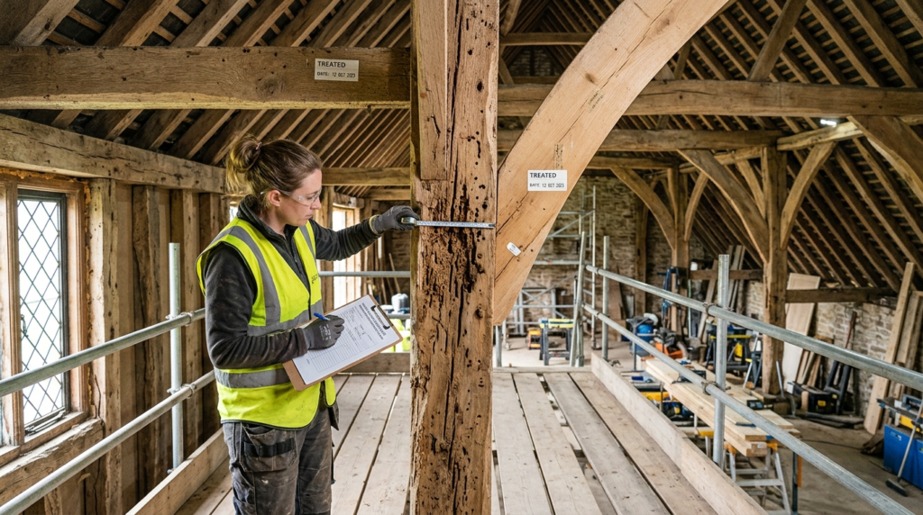 Wide shot of a craftsperson documenting woodworm damage patt