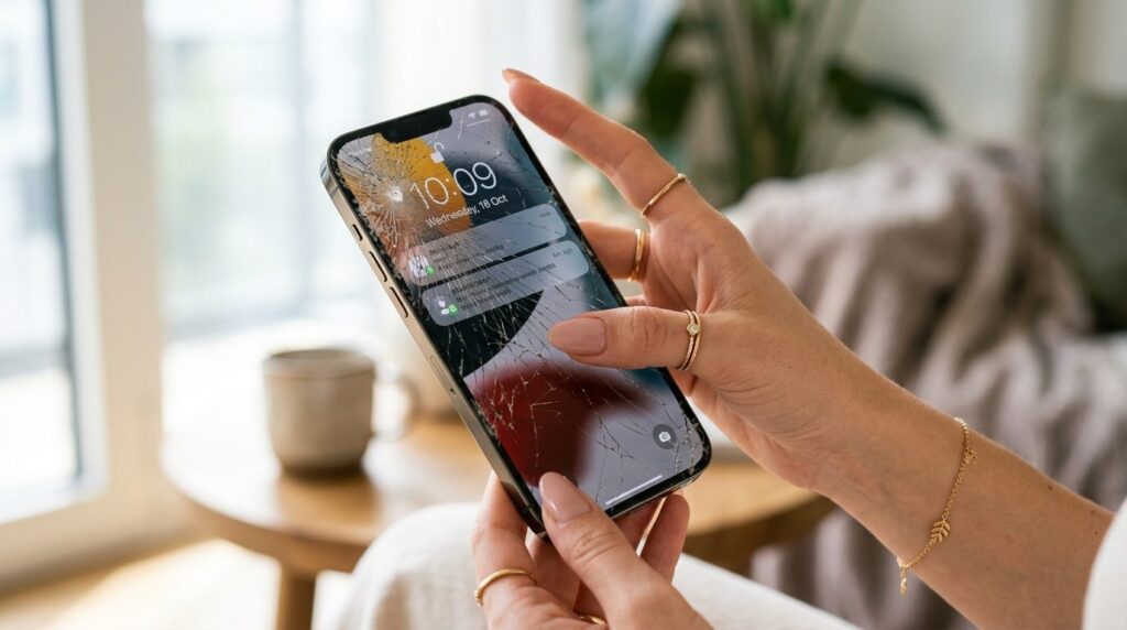 Close-up of a broken iPhone screen with visible cracks and s