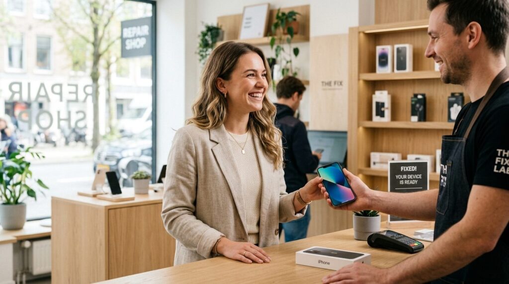 Young professional woman smiling with relief while picking u