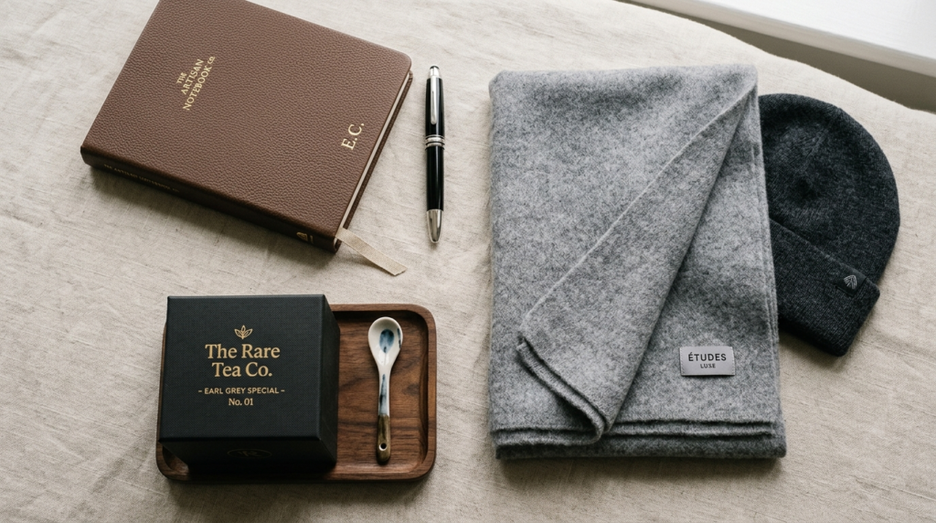 Close-up flat lay of curated business gift items including m