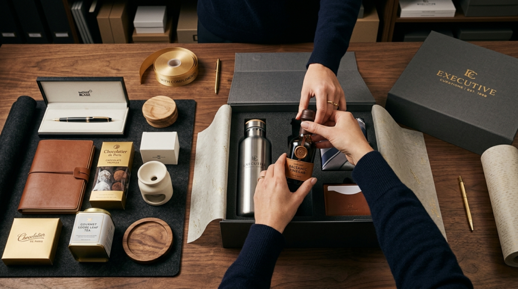 Professional hands assembling a luxury corporate gift box wi