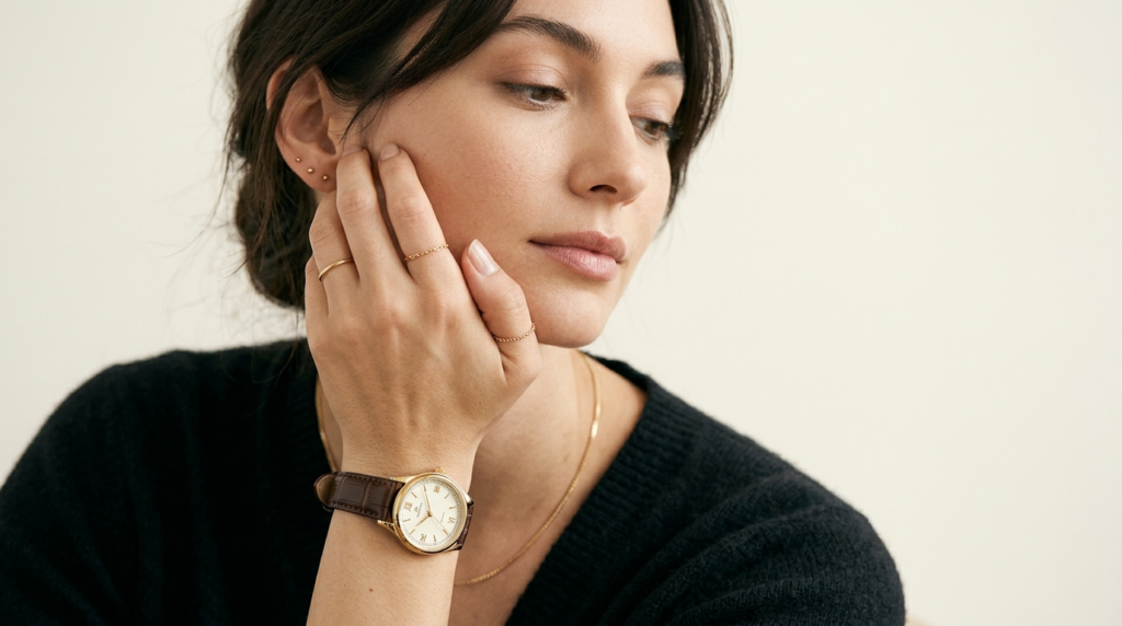 A sophisticated styled portrait of a womans wrist wearing a