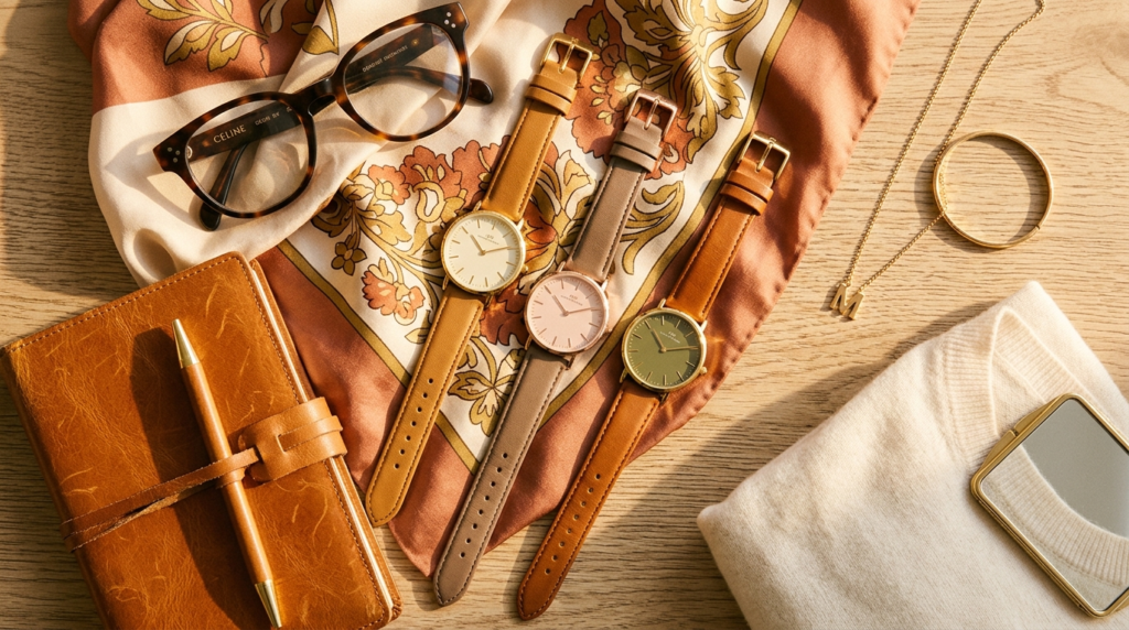 A lifestyle flat lay composition featuring three different w