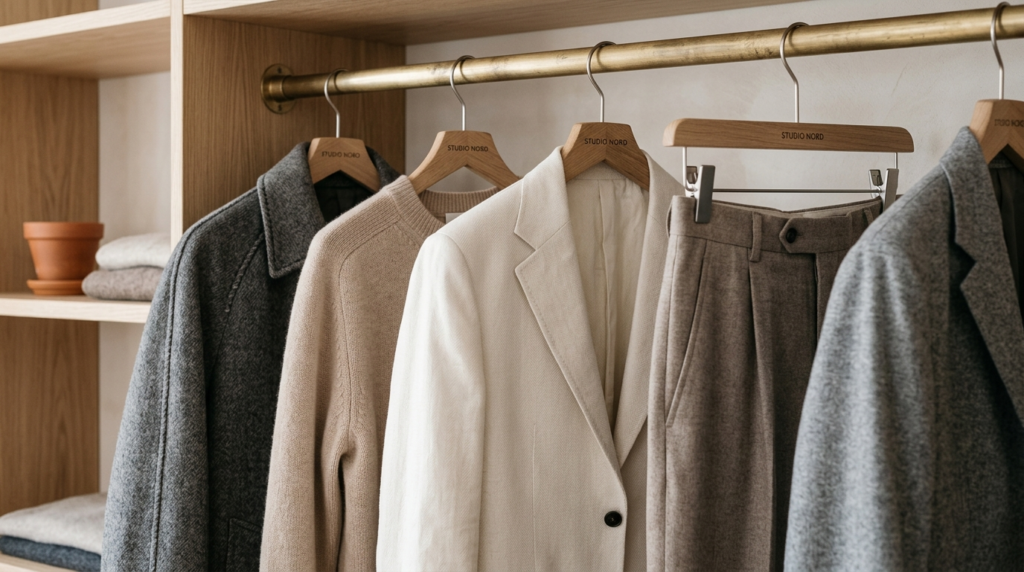Close-up detail shot of tailored clothing hanging on custom 
