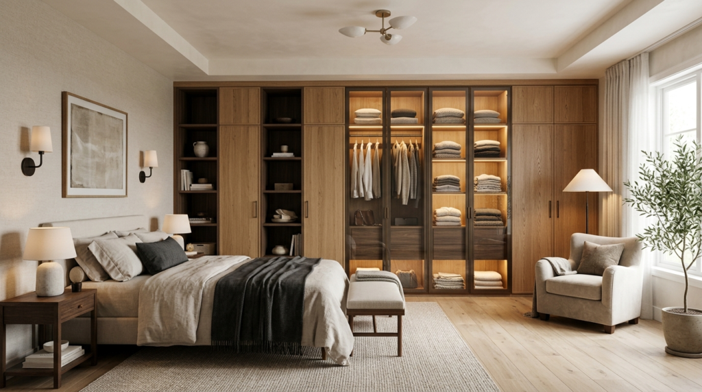 Wide-angle shot of a sophisticated bedroom interior with int
