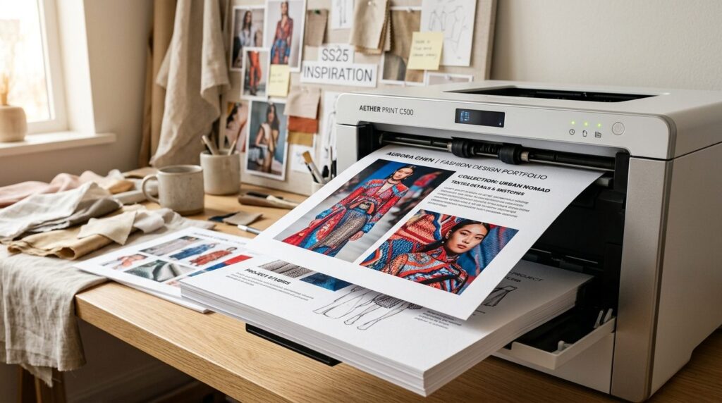 Close-up detail of freshly printed professional portfolio pa