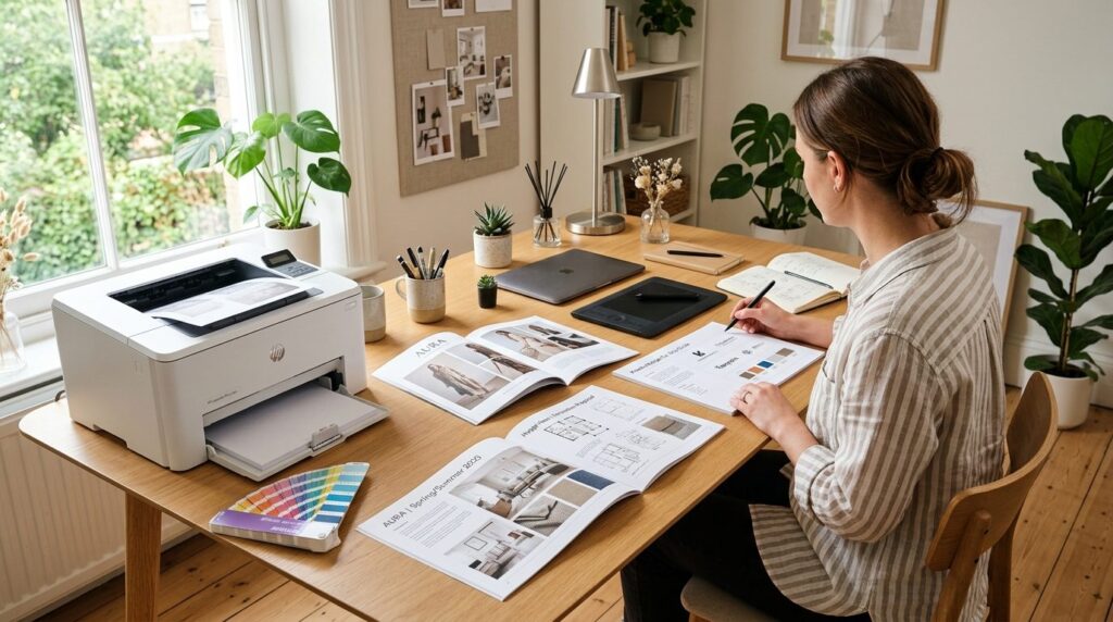 Creative freelancers home office desk showcasing printed ma