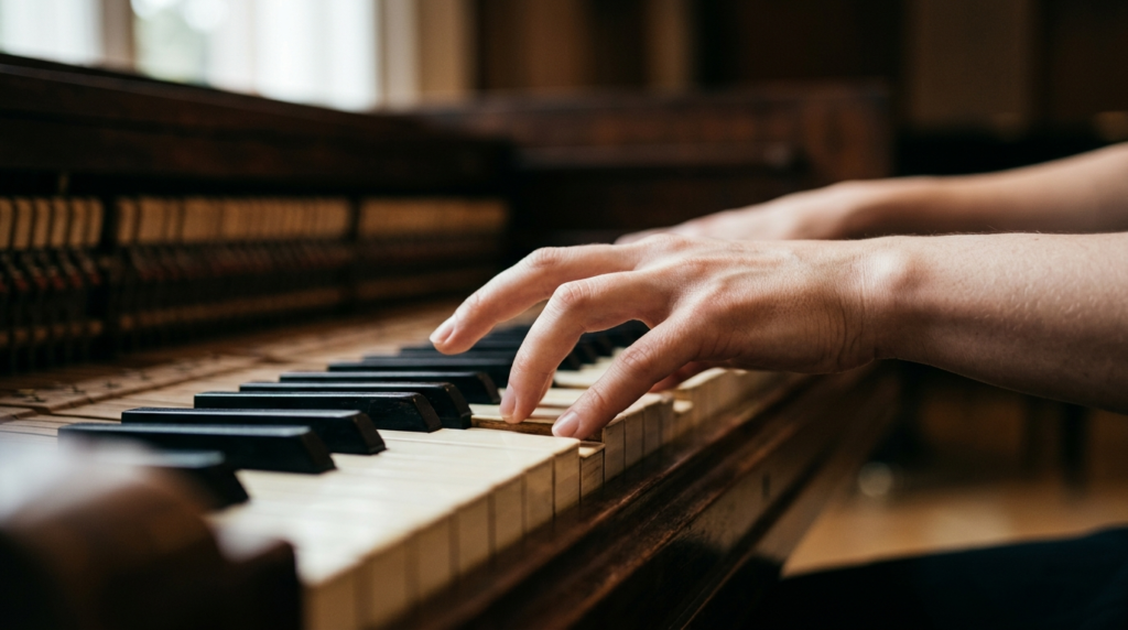 Close-up artistic photography of piano keys and fingers in m