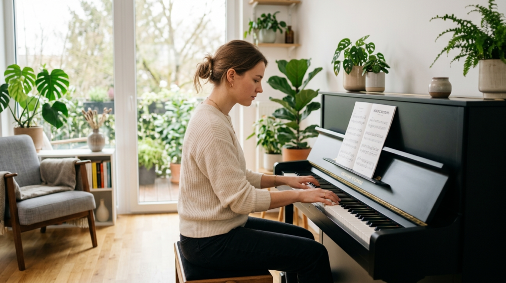 Modern lifestyle portrait of a focused pianist in a contempo
