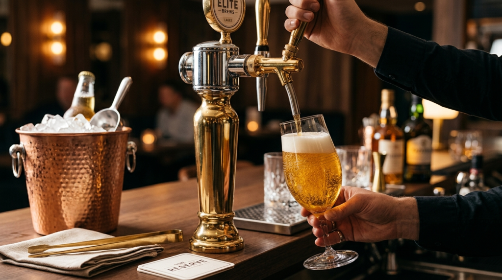 Close-up detail shot of a luxury draft beer dispenser with c