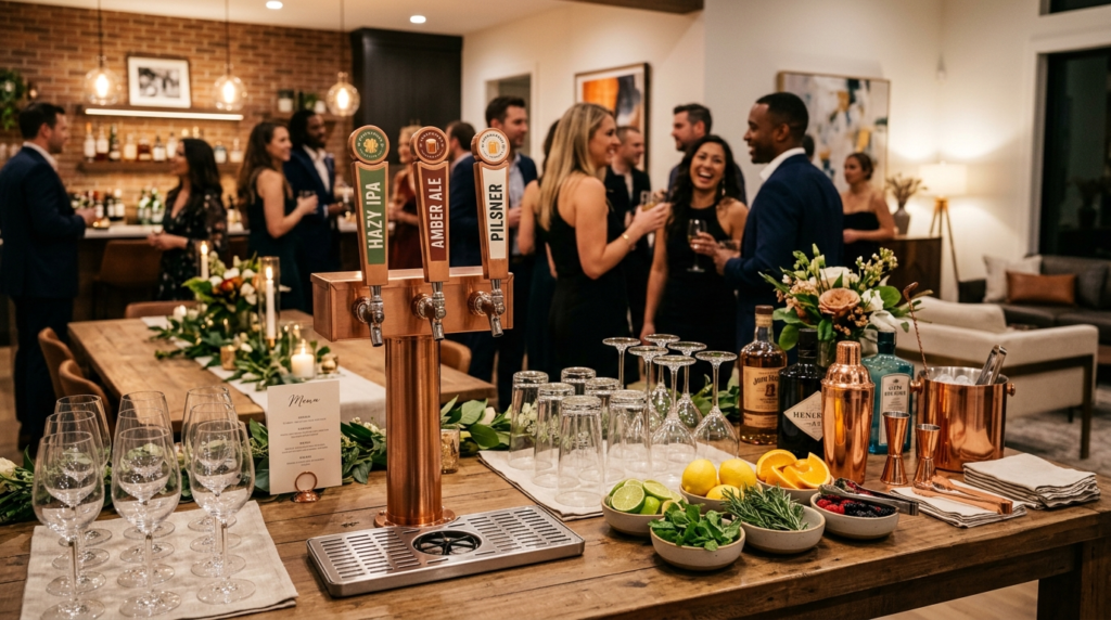 Curated drink station at an upscale house party with perfect