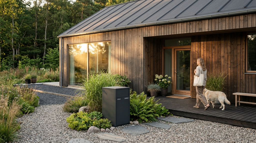 Exterior lifestyle photograph of a contemporary Danish home 