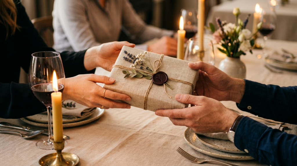 Close-up lifestyle shot of hands exchanging an elegantly wra