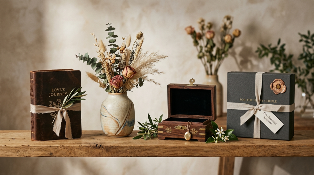 Curated vignette of meaningful wedding gift alternatives arr