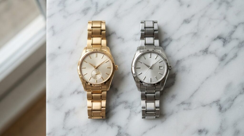 Flat lay overhead shot of two elegant metal watches side by 