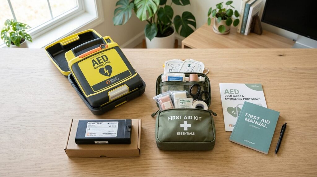 Lifestyle stockfoto in 16:9 format: Overhead flat lay of eme