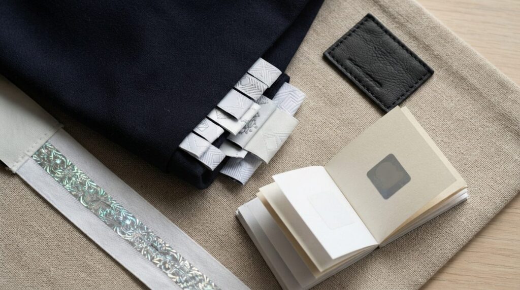 Flat lay overhead shot of designer clothing authentication d