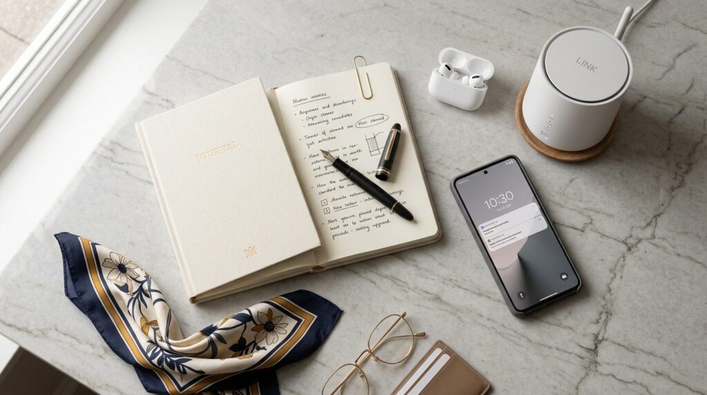 Overhead flat lay composition of a modern lifestyle workspac