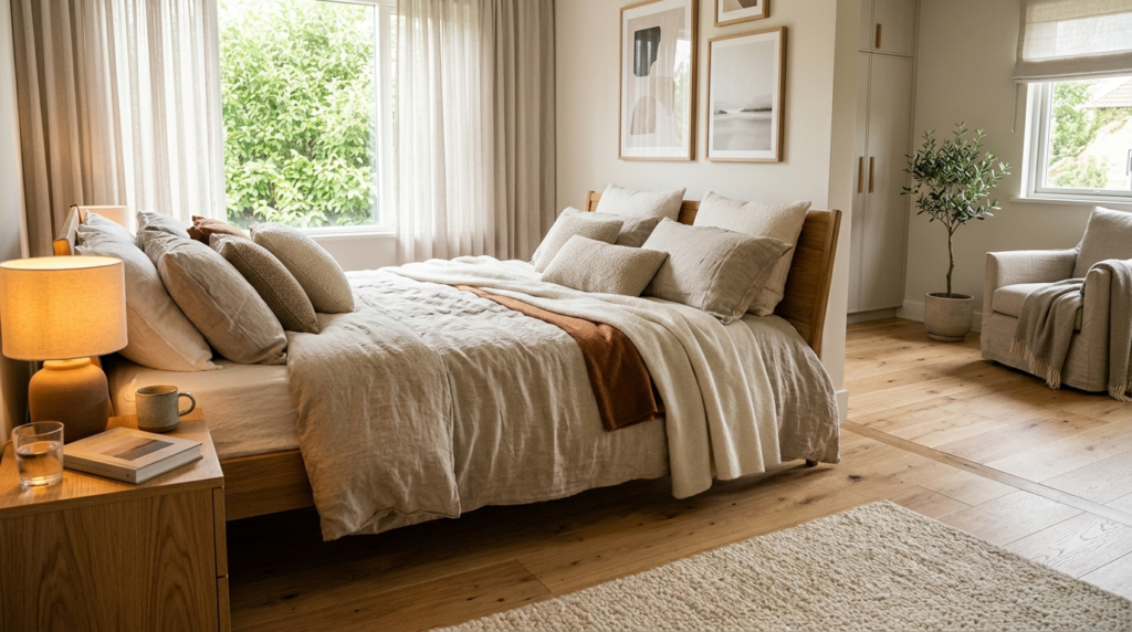 A stylish Scandinavian bedroom interior featuring a cozy bed