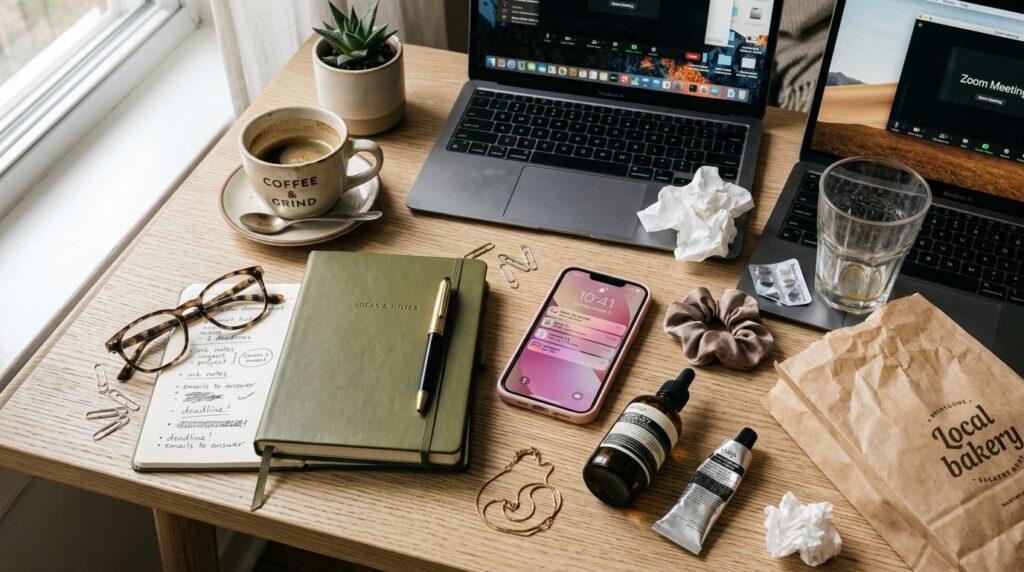 Photorealistic overhead flat lay composition showing a fashi