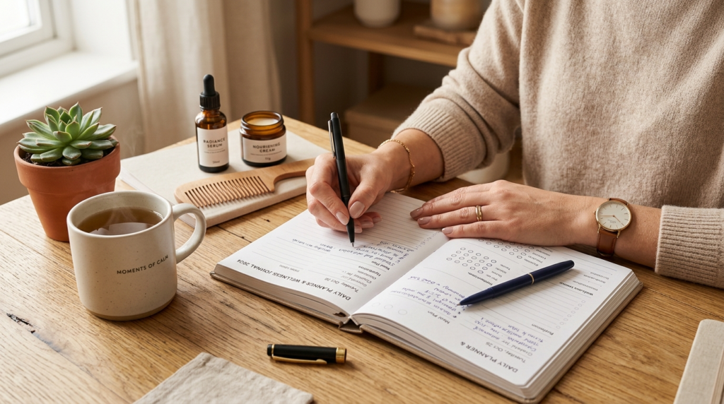 Close-up of a womans hands organizing a daily planner and w
