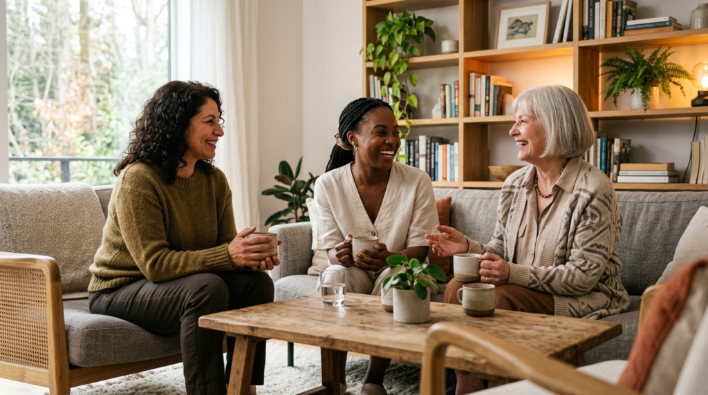 A diverse group of three women of different ages sitting tog