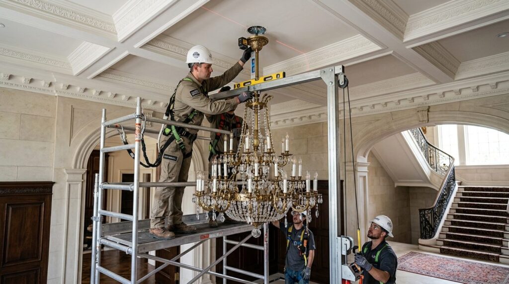 Close-up of professional installation team using hydraulic l