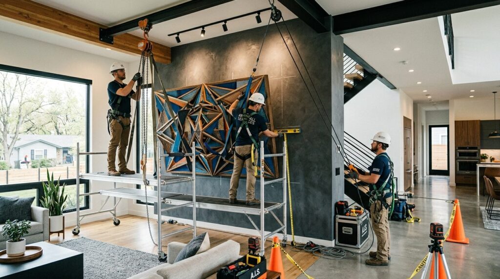 Wide shot of skilled technicians carefully hoisting a large 