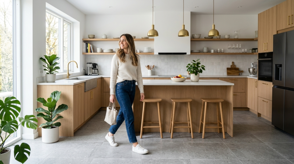 Scandinavian kitchen with sleek tile flooring featuring prem