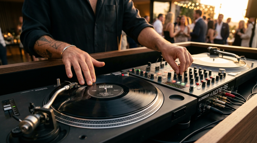 Close-up of a professional DJs hands operating premium audi