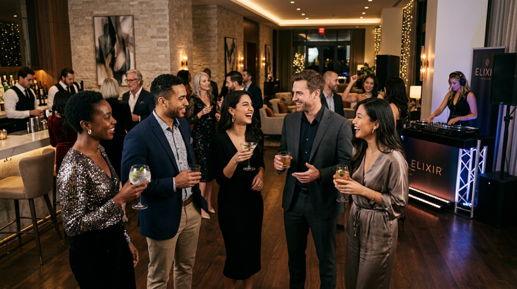 Stylish diverse group of well-dressed guests enjoying a care