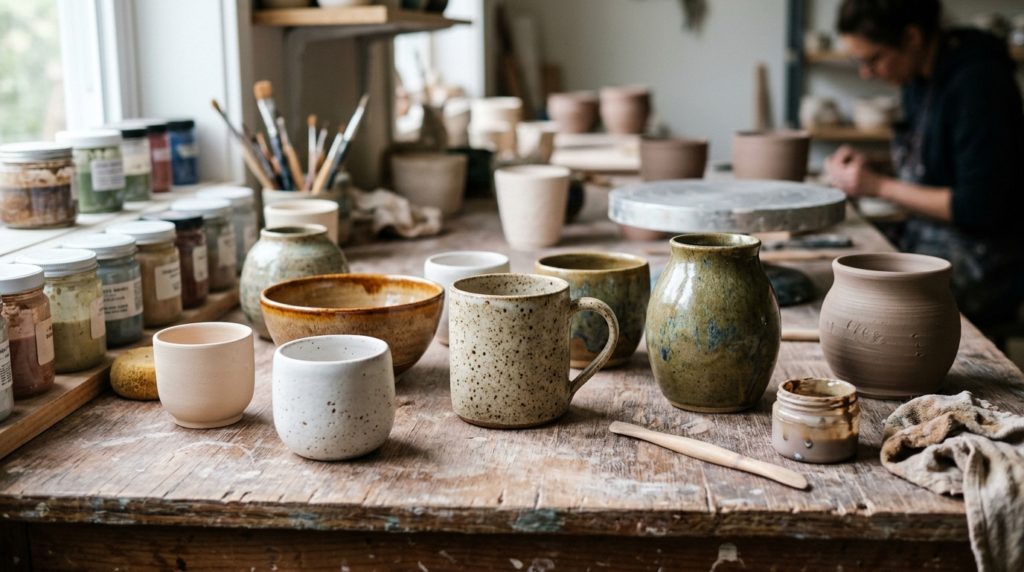 Close-up detail shot of a ceramic artists workspace showing