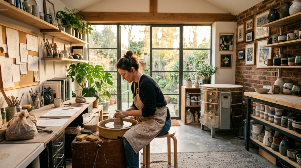 Wide-angle shot of a contemporary home ceramic studio during
