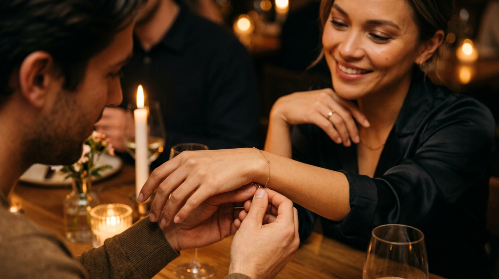 Intimate moment of woman receiving jewelry gift, delicate go