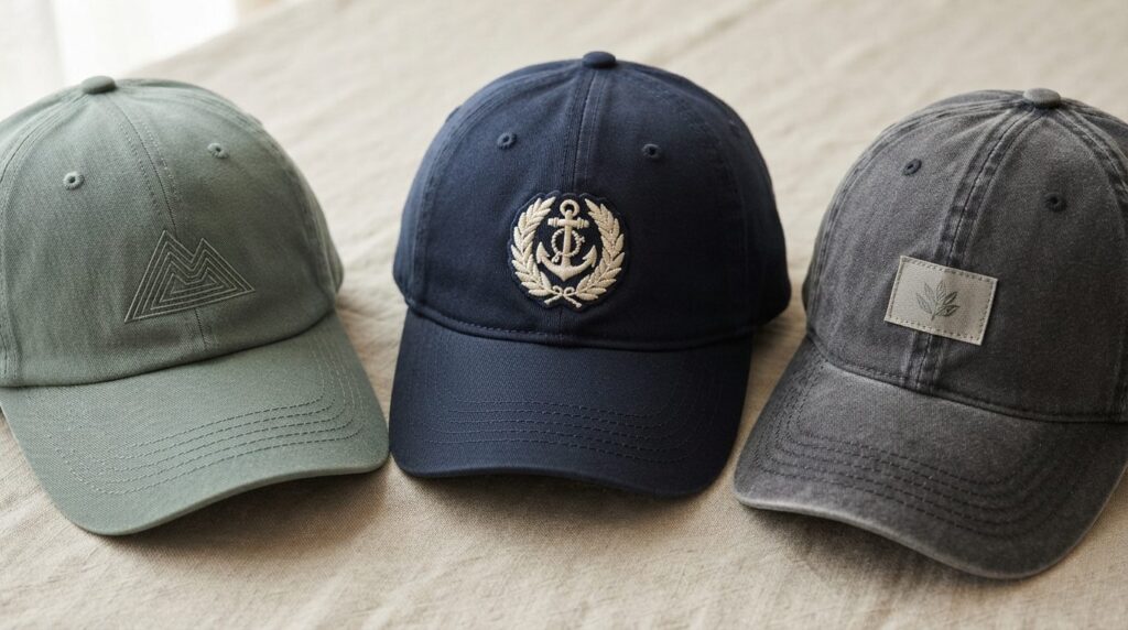 Close-up detail shot of three high-quality baseball caps wit