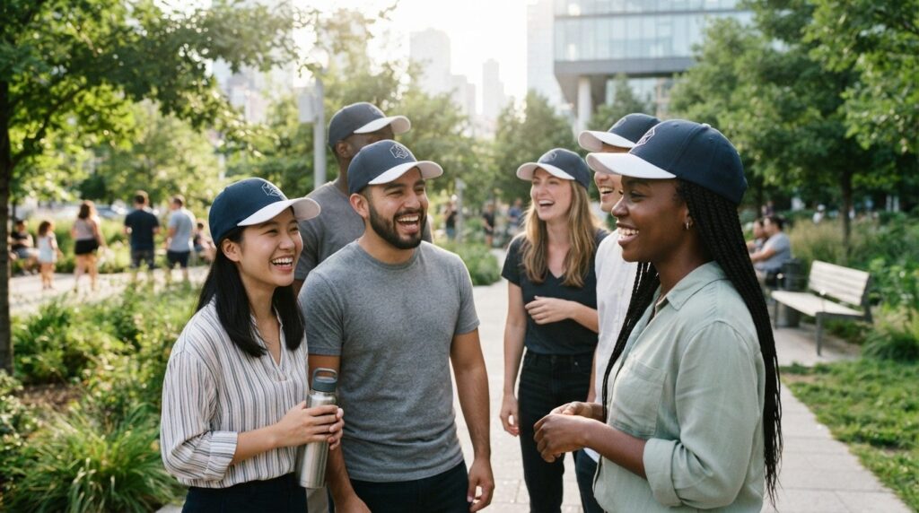 Outdoor lifestyle scene of a diverse group of young professi