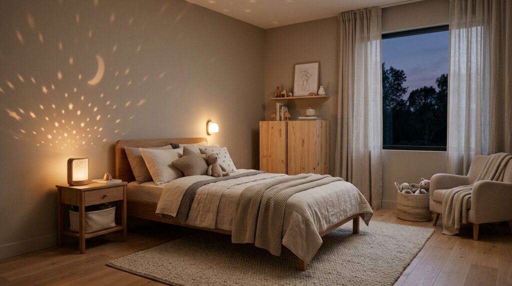Serene childrens bedroom interior design scene at dusk, sof