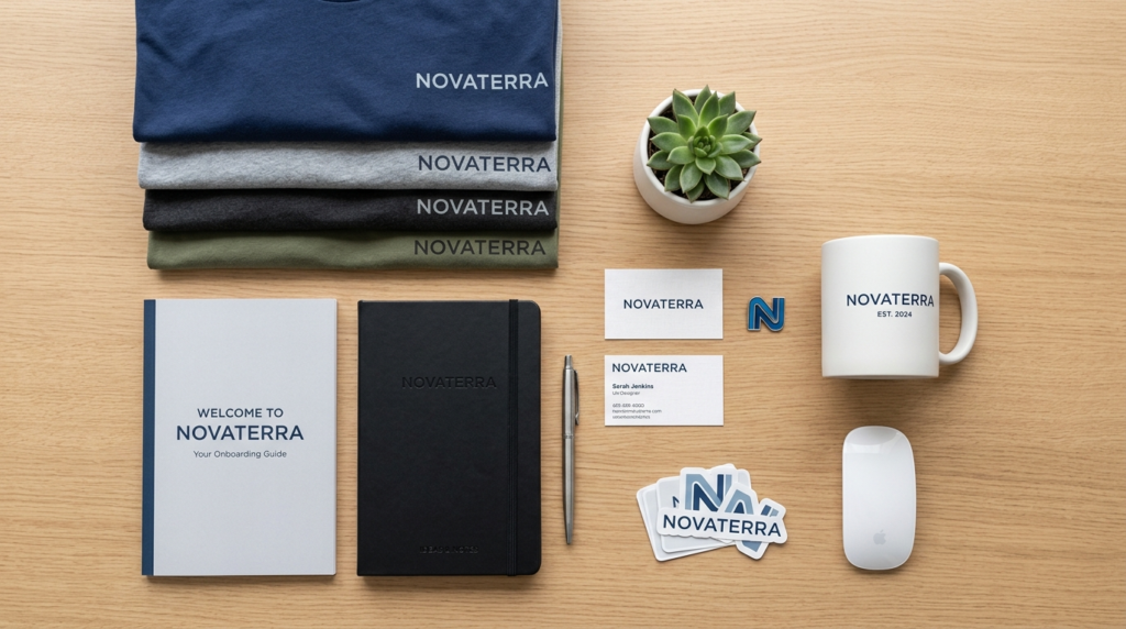Flat lay composition of branded company t-shirts in various 