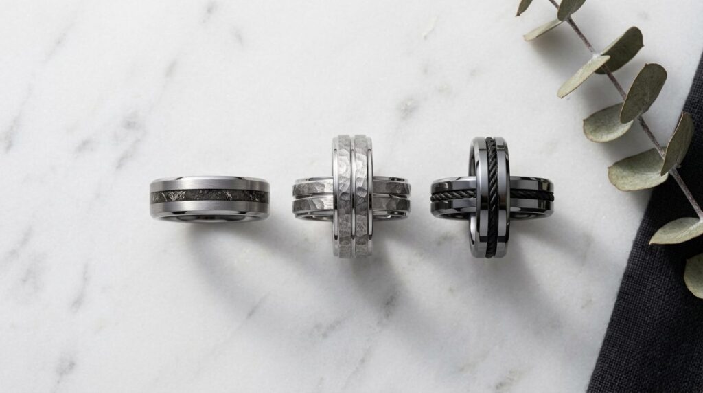 Flat lay luxury product photography of three tungsten weddin